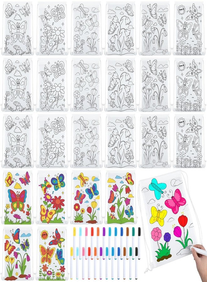 Cosblank 24 Pcs Color Your Own Drawstring Bags Coloring Party Goodie Favor Bags Flowers Butterfly Birthday Party Crafts with Markers DIY Projects Supplies(Butterfly) - Image 1